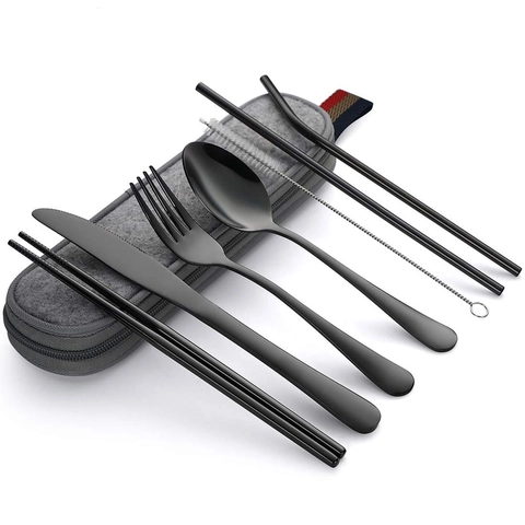 RUMAH RAYA - Set Alat Makan Sendok Garpu Pisau Sumpit Sedotan Besi Japanese Style 7pcs - EA02300