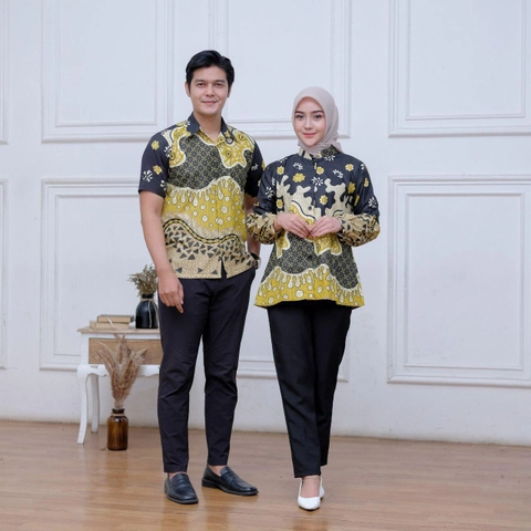 Kois Batik - Atasan batik baju kerja coupel hem dan blouse modern motif gelombang kuning