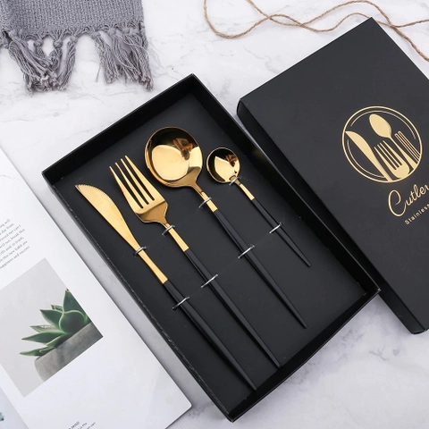 RUMAH RAYA - (PO) Set Perlengkapan Makan Sendok Garpu Pisau 4 Pcs - KA2021 - Black Gold