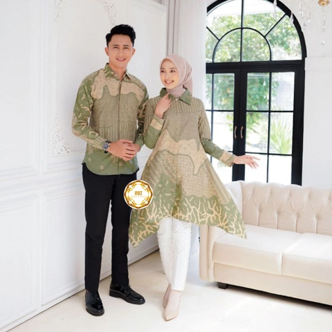 Rambe Batik Indonesia - Tunik Batik Luna Couple Soft Green Kemeja Panjang Kantor Kondangan
