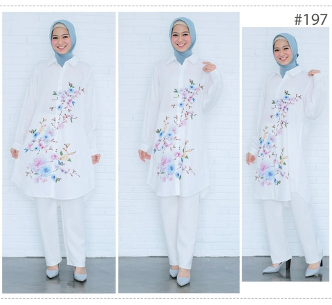 Syahrinda [TA] - Kemeja Tunik Panjang Wanita Premium Putih Print Motif Sakura Standar Jumbo