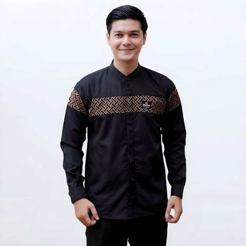 Khisna collection - Baju koko kombinsi batik lengan panjang hitam kombinasi terbaru