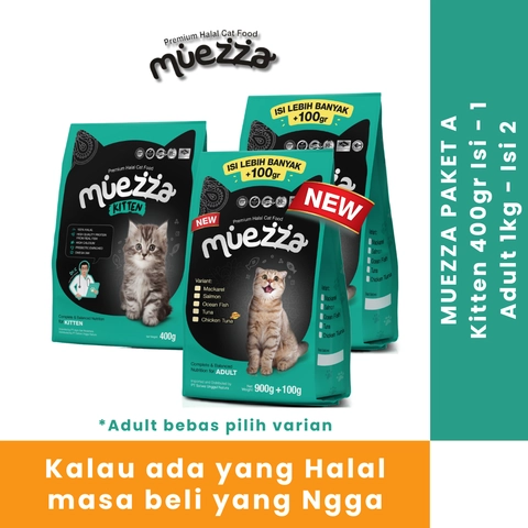 Muezza - Muezza PAKET A Makanan Kucing Kering Kitten 400 gr - Isi 1 dan Adult 1 kg - Isi 2