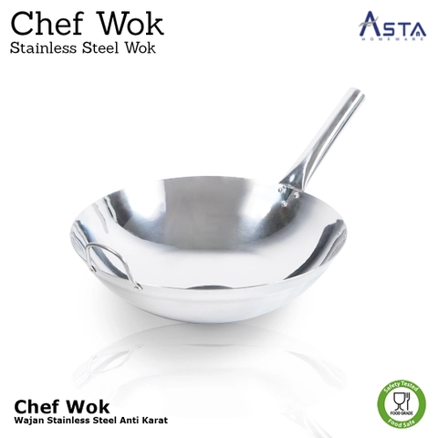 Asta Wajan Stainless Steel Food Grade Asta Chef Wok Tebal Gagang Satu