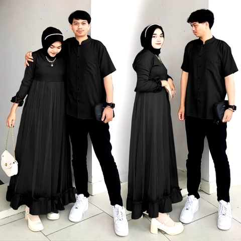 Muslim Clothing - Muslim Clothing- Marhaban Couple Baju Pasangan Gamis Dress Set Kemeja Koko Muslim Lebaran Premium