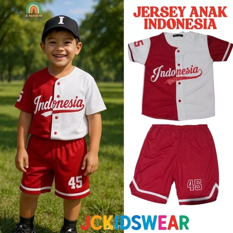 Setelan Kaos Jersey Baseball Anak Tema Merah Putih Agustusan Kemerdekaan Indonesia Usia 3-12 Tahun