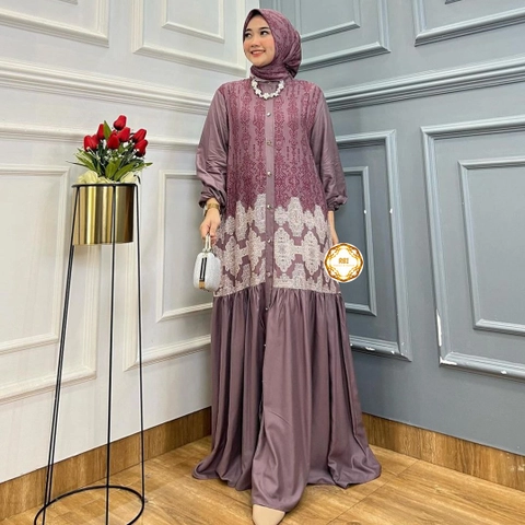 Rambe Batik Indonesia - Gamis Etnik Pink Bahan Rayon Diamond Mix Twill Free Jilbab