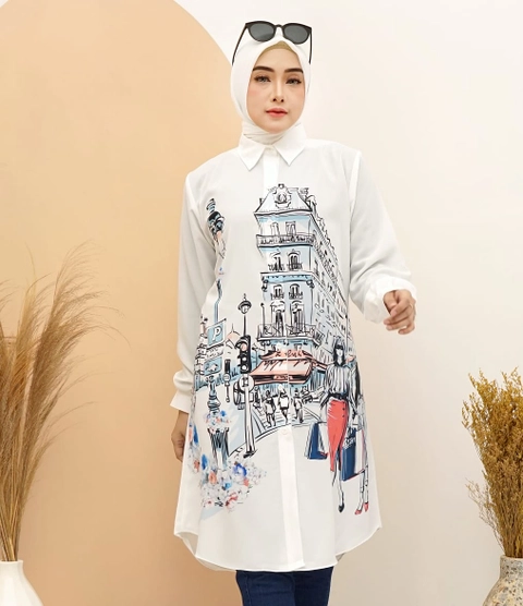Syahrinda [TA] -Tunik Kancing Munich City Kemeja Putih Print City Silky Impor Standar Jumbo