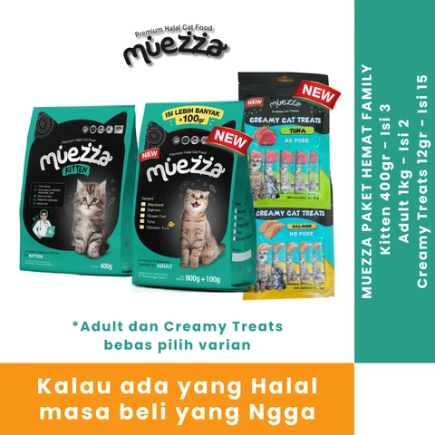 Muezza-PAKET HEMAT FAMILY Makanan Kucing Adult 1 kg - Isi 2 dan Kitten 400 gr - Isi 3 dan Creamy Tre