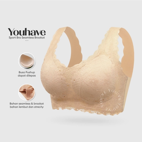 Youhave - BH Seamless Sport Bra Renda Motif Bunga Brukat Lace Bralette Wanita Busa Sedang 100227
