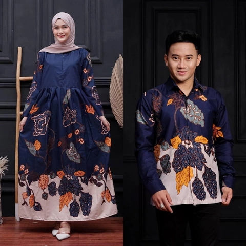 Kois Batik - Batik couplen Gamis wanita pria kemeja kekinian motif mawar navy