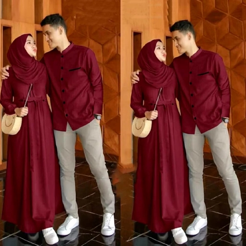 Muslim Clothing - Muslim Clothing-Bona Couple Baju Pasangan Gamis Dress Set Kemeja Koko Muslim Sarimbit Lebaran Premiu