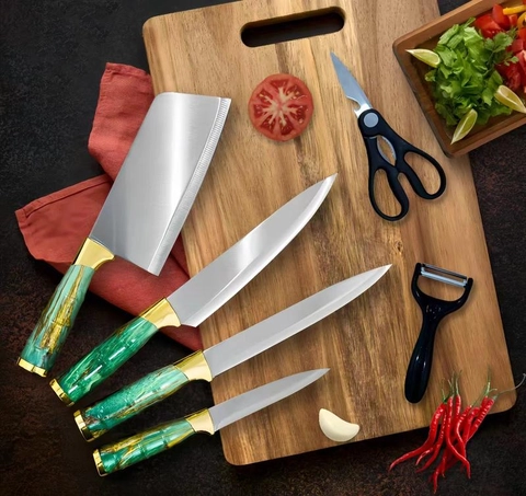 Kitchen Knife Set Bambu 6 Pcs Pisau Dapur Set Isi 6 Pcs Stainless Steal Corak Bambu