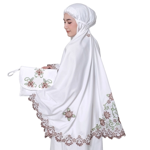 qayd - Uzn Mukena Dewasa Flower Bordir Renda Punggung Rose Cantik Putih Katun Lembut Adem Premium