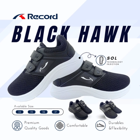 RECORD HAWK SEPATU ANAK TK-SMP 4-13 TAHUN PEREKAT FULL BLACK HITAM PUTIH SEKOLAH 30-37 COWOK/CEWEK