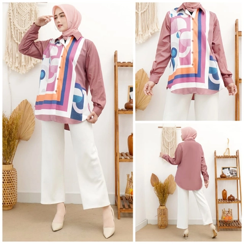 Syahrinda [TA] - Kemeja Atasan Kancing Picasoa Kemeja Kuning Pink Print Bunga Katun Impor