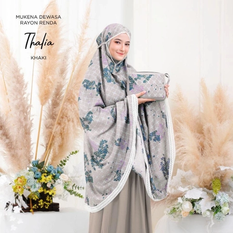 qayd - Mukena Thalia Dewasa Renda Motif Dedaunan Kotak Kotak Tas Bahan Rayon Khaki Abu Muda Hijau Semen