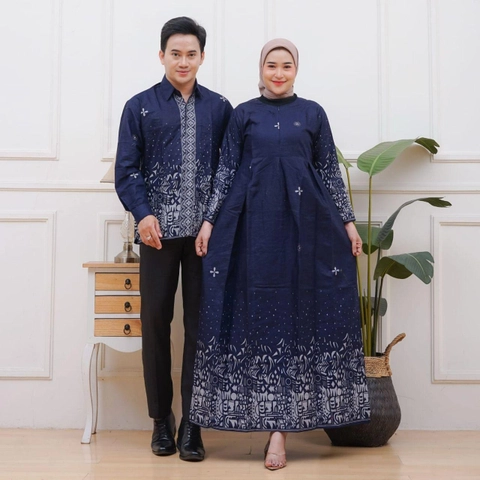 Kois Batik - Gamis batik coupel kemeja bisa dipisah motif sutena navy