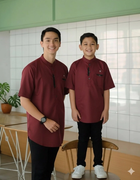 Kois Batik - Baju koko coupel anak dan ayah bisa dipisah burgundy motif abha