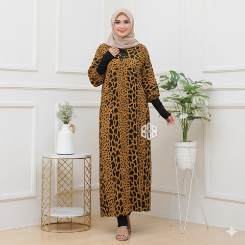 Disya.id - Dress Gamis Wanita Bahan Rayon Resleting Depan Salur Macan