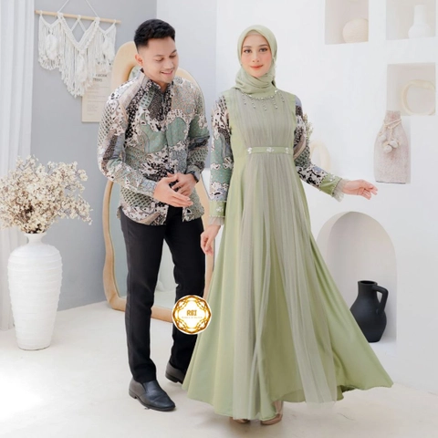 Rambe Batik Indonesia - Gamis Sage Batik Couple Kemeja Panjang Gamis Wisuda Gamis Kondangan Terbaru (Bisa Beli Terpisah Dan