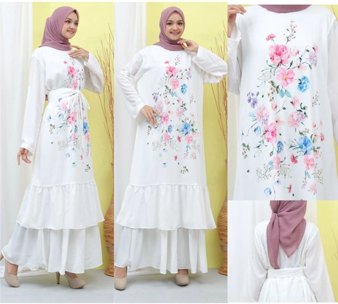 Syahrinda [TA] - Gamis Wanita Dress Muslim Panjang Putih Premium Motif Bunga Pinky