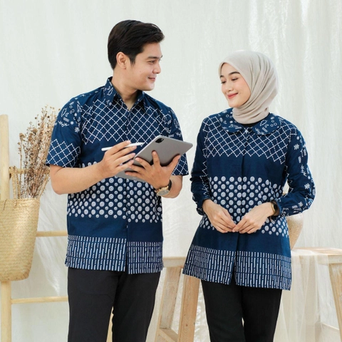 Kois Batik - Atasan Batik Coupel Kembar Hem Dan Blouse Motif Jaring Navy