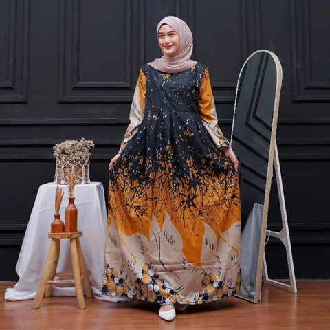 Kois Batik - Gamis wanita batik dewasa all size jumbo motif daun orange