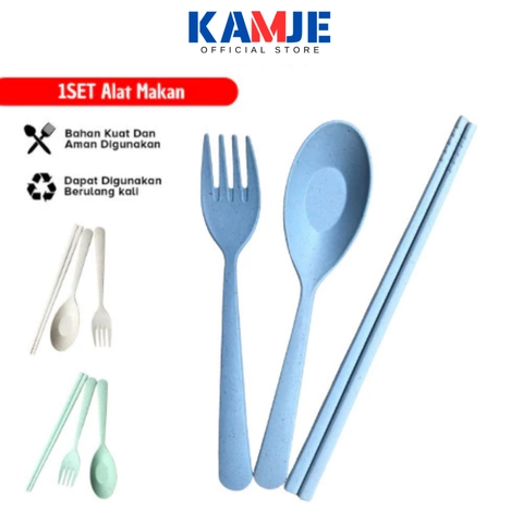 KAMJE Sendok Sumpit Garpu Set Portable Alat Makan Bahan Jerami Gandum KMJ267