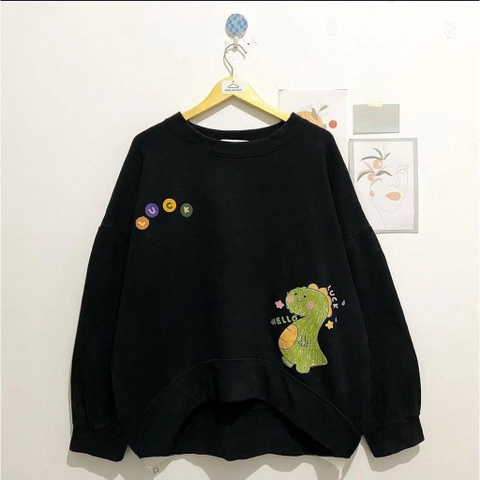 ALUS - Sweater Wanita Crewneck Luck Hello Dino Bahan Fleece
